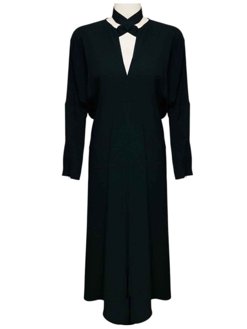 VICTORIA BECKHAM BLACK LONG SLEEVED V-NECK CREPE MIDI DRESS WITH TIE NECK